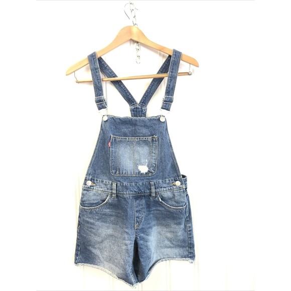 Levi’s Girls Denim Overall Shorts Jean Raw‎ Hem Medium Blue 14 Regular Shortalls - Picture 1 of 6
